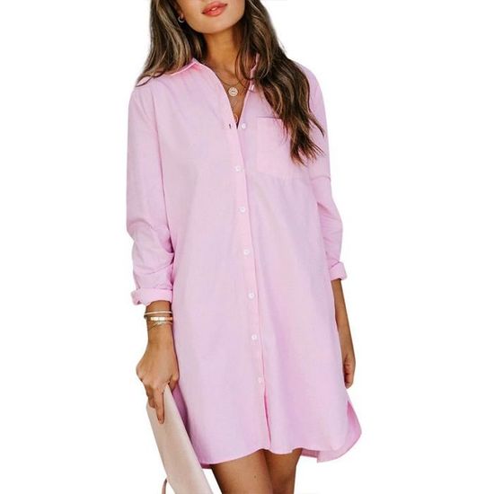 Robe Chemise décontractée pour Femme avec col en V et Manches Longues rose NYSTORE Rose