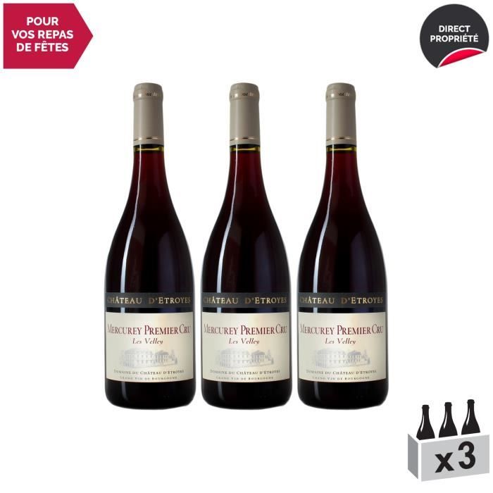 Mercurey 1er Cru Les Velley Rouge 2017 - Lot de 3x75cl - Château d'Etroyes - Vin AOC Rouge de Bourgogne - Cépage Pinot Noir