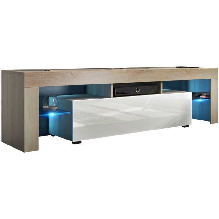 Meuble tv 160 cm aspect chêne sonoma / blanc brillant + led rgb