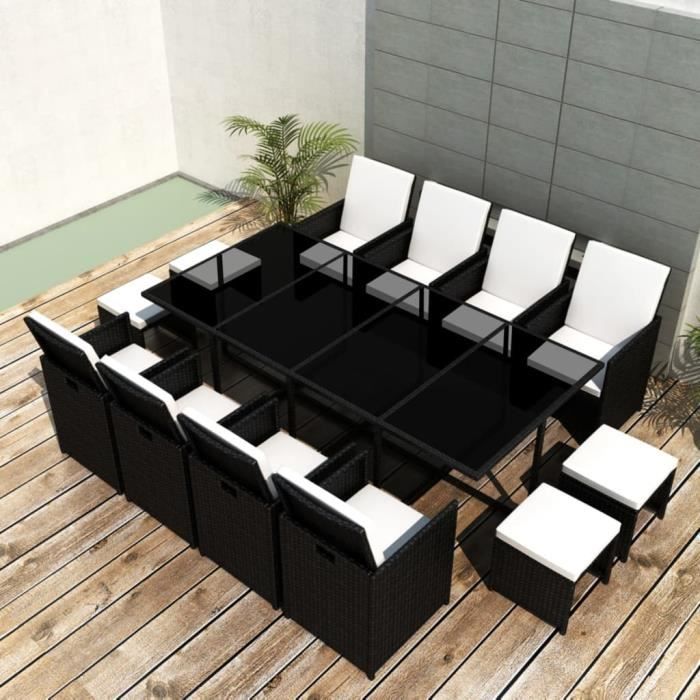 Mobilier de jardin 13 pcs avec coussins Résine tressée Noir