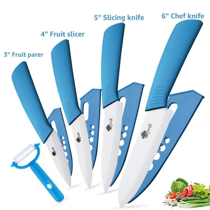 Couteau en céramique , Ensembles de couteaux de cuisine Couteaux chef pour Couper Fruits Légumes Viande 5pcs/Set bleu