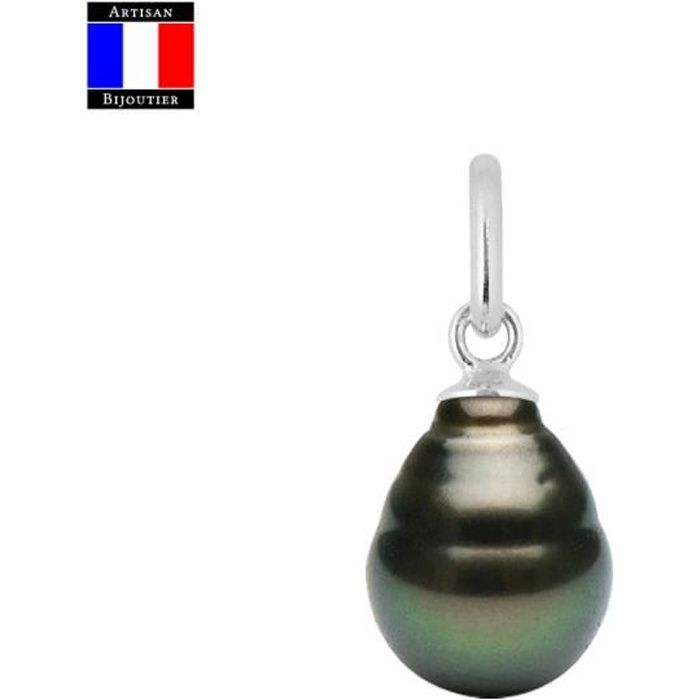 Compagnie Générale des Perles - Pendentif Fil - Véritable Perle de Tahiti Ovale 8-9 mm - Or Blanc 18 Cts - Bijou Femme