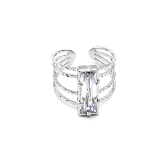 BG1538 - Bague Multi-Rangs Martelés avec Pierre Rectangle Contour Acier Argenté