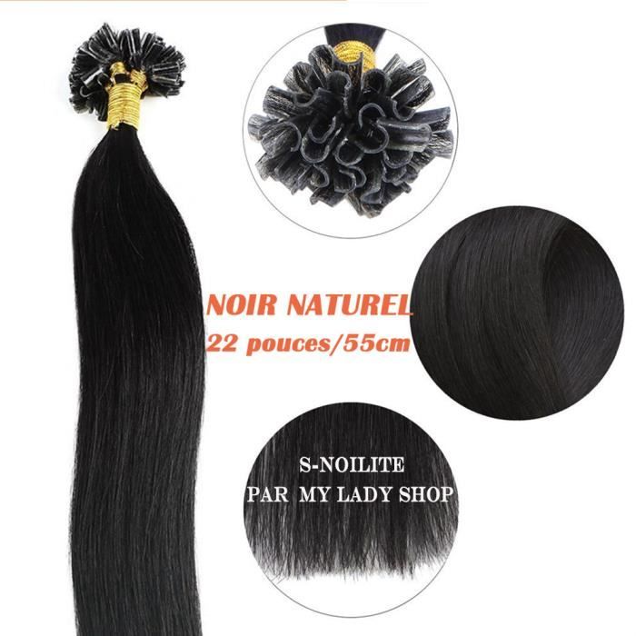 Extensions Keratine a Chaud Cheveux Naturels 50 mèches(1g-mèche) Noir naturel-22 pouces-55cm - Onglet Pointe U Kératine Remy Hair