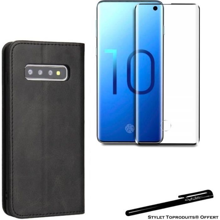 Etui portefeuille noir pour Samsung Galaxy S10 Plus Housse à fermeture magnétique et Verre trempé 3D bords noirs avec Stylet