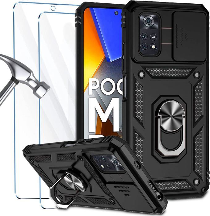 Kit Protection Xiaomi Poco M4 Pro 4G - 2 Films Verre Trempé + Coque Anneau Béquille NOVAGO