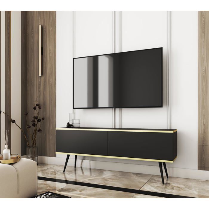 Meuble TV Noir pieds Noir 135 x 30 x 52 cm Push to Open