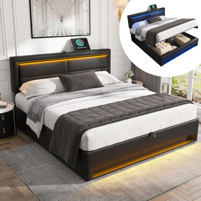 Lit coffre 160x200 cm en similicuir avec LED - avec ports de recharge (filaire & sans fil) - Noir Lit coffre 160x200 cm en similicuir avec LED - avec ports de recharge (filaire & sans fil) - Noir