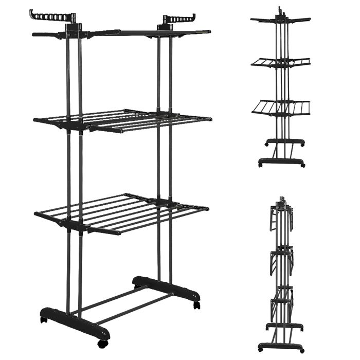 Séchoir à Linge Sur Pied 3 Niveaux Avec Roulettes - 75 X 64 X 170 Cm, Acier Inoxydable, Noir | Pour Intérieur/extérieur, Pliable, Grande Capacité