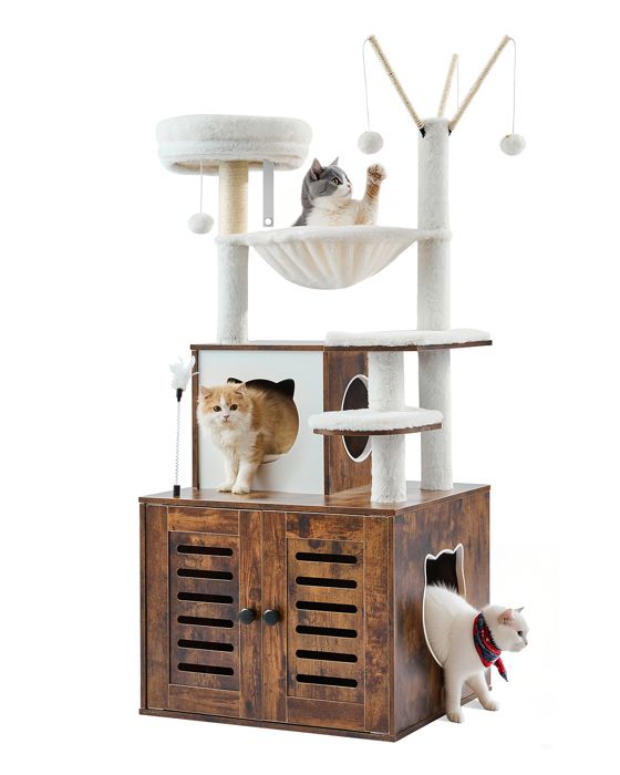 Meilleurs prix pour Arbre à Chat-VEVOR-138 cm-2 en 1 avec Meuble à Bac à Litière Condo à Plusieurs Niveaux avec Perchoir