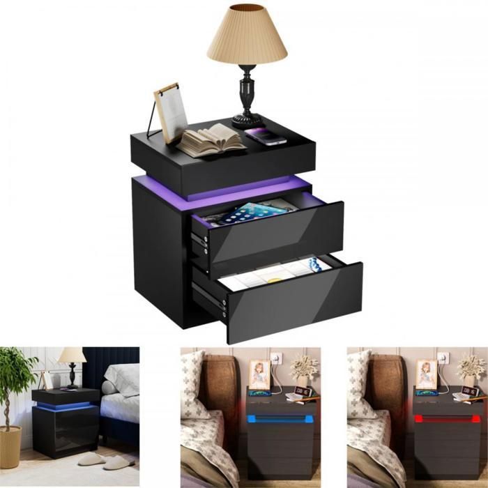 XUANYU Table de chevet Pour salon -Avec Station de Charge- Chevet de Lit avec 2 Tiroirs - Pour chambre salle détude - Noir