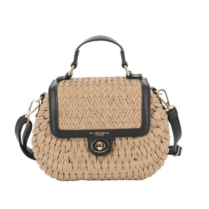 Sac bandoulière en paille avec anses - Noir - Petit sac de plage à rabat - fermeture tourniquet