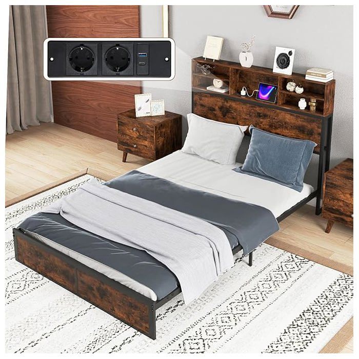 GIANTEX Cadre de Lit Double 140 x 200 cm Lit Plateforme avec Station de Charge et Tête de Lit avec Rangement Sans Bruit GIANTEX Cadre de Lit Double 140 x 200 cm Lit Plateforme avec Station de Charge et Tête de Lit avec Rangement Sans Bruit
