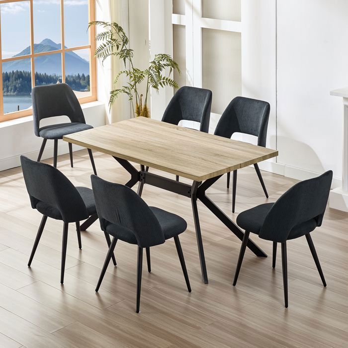 Ensemble table à manger - WAFTING - WAFTING - 6 places - 140x80x73 cm - Aspect hêtre chaises velours noir