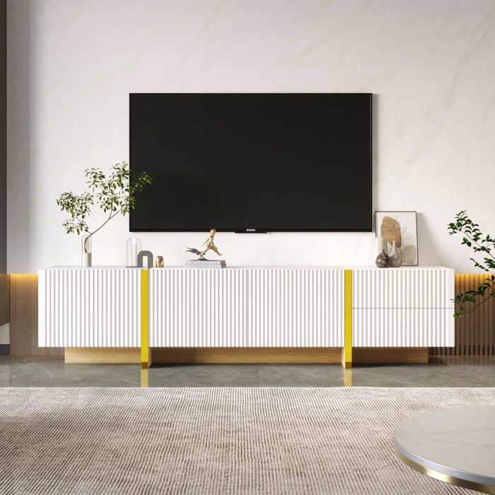 Meuble TV - 190 cm - Blanc/Or - 2 Tiroirs - 3 Portes - Capacité 60 kg