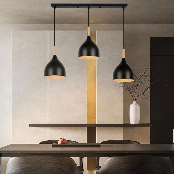 Lustre suspension - SMOTOP - 3 lampes E27 - Métal & bois noir - Style ...