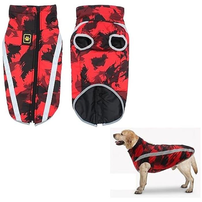 Meilleurs prix pour Manteau pour chien 5XL imperméable chaud manteau dhiver vêtements pour chien harnais bandes réfléchissantes rouge.