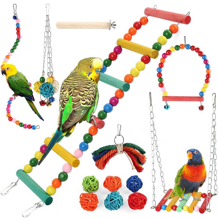 Comparer les prix de Jouets PrimePets pour perruches - Balançoires hamacs colorés avec cloches et échelles descalade pour calopsittes Label