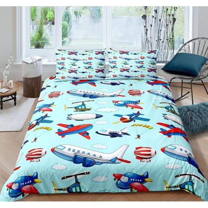 Housse De Couette Avions & Hélicoptères 140x200 Cm – Parure De Lit Enfant Thème Aviation Militaire, Imprimé 3D Réversible