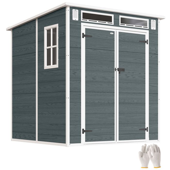 OUTSUNNY Abri de jardin 2,89 m&sup2; portes verrouillable plancher fen&ecirc;tres a&eacute;rations r&eacute;sine PP effet bois gris blanc