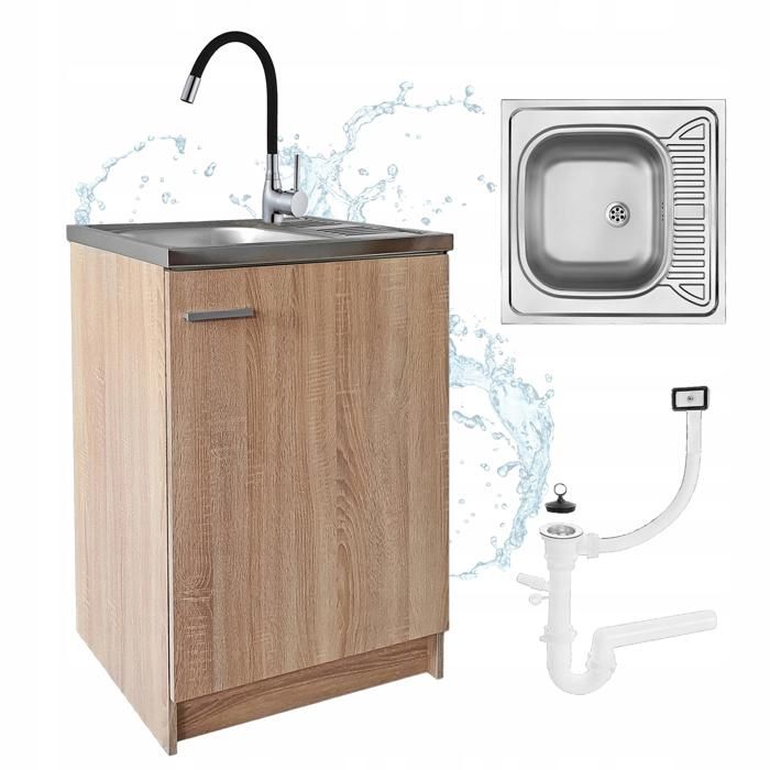Meuble sous Évier 60 cm Chêne Sonoma + Évier Inox + Robinet Extensible Noir + Siphon - 60x60x82 cm