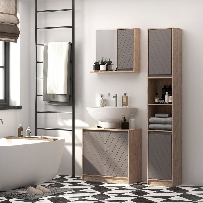Cocosity Meuble Colonne Rangement Salle De Bain Style Cosy 30 X 24 X 170 Cm 2 Portes Étagère 2 Niches Chêne Clair Gris