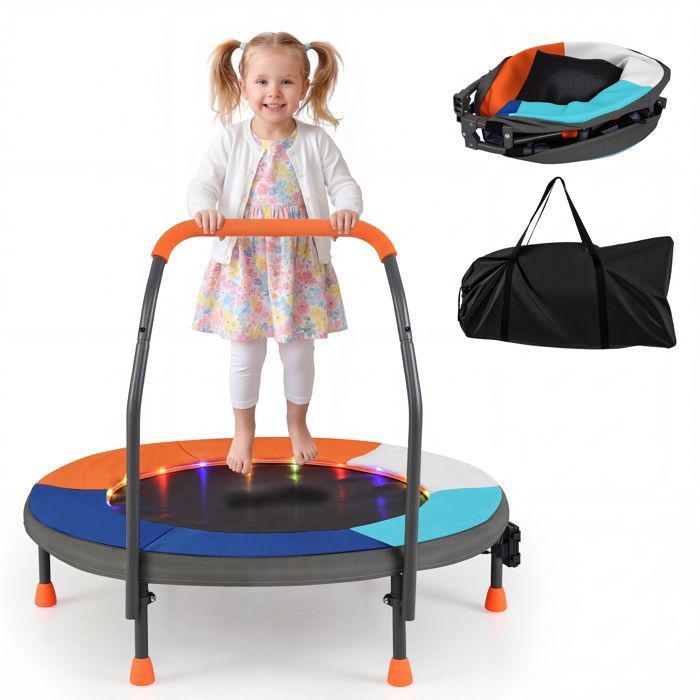 Trampoline Enfants Pliable Ø90CM COSTWAY-20 Lumières LED Colorées-Poignée en Mousse-Tapis de Saut Rond-3 Ans-Sac Inclus-Modèle 1