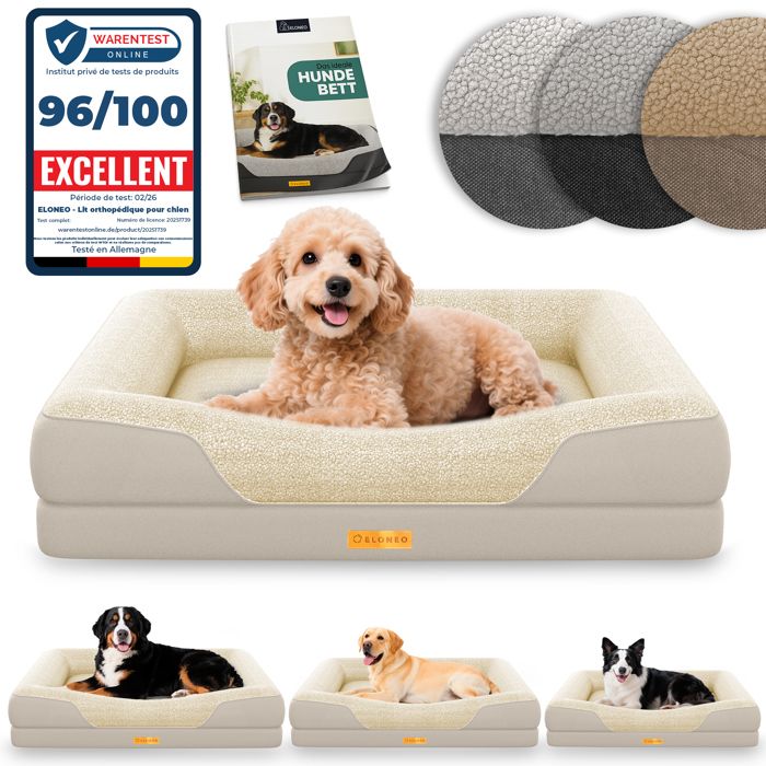 ELONEO lit orthopédique pour chien crème taille S couchage confortable avec mousse mémoire coussin lavable