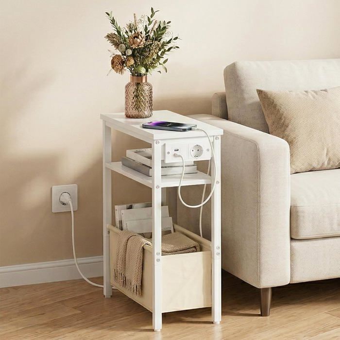 HOOBRO Table d’Appoint étroite Table de Chevet avec Station de Charge et Rangement Bout de Canapé avec Prise et Ports USB Blanc