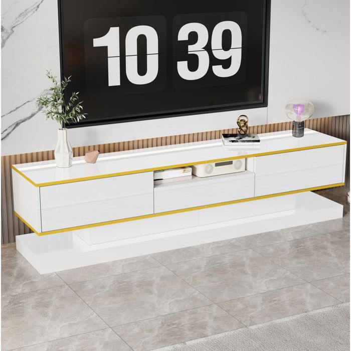 Meuble TV moderne EVRYAE 180 x 38 x 45 cm avec 3 tiroirs 1 niche ouverte LED multicolore blanc brillant et or