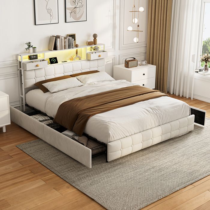 Lit 160x200 cm avec 4 tiroirs tête de lit rangement avec USB et LED lit double rembourré en velours beige sommier inclus