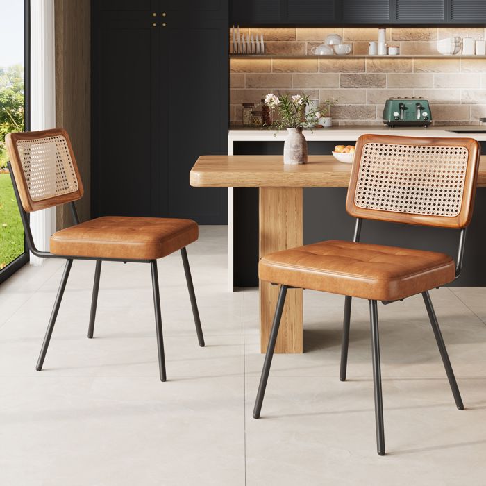 Modenuit Lot de 2 chaises de salle à manger 61x46x79 cm en PU marron dossier en rotin PE et pieds en métal