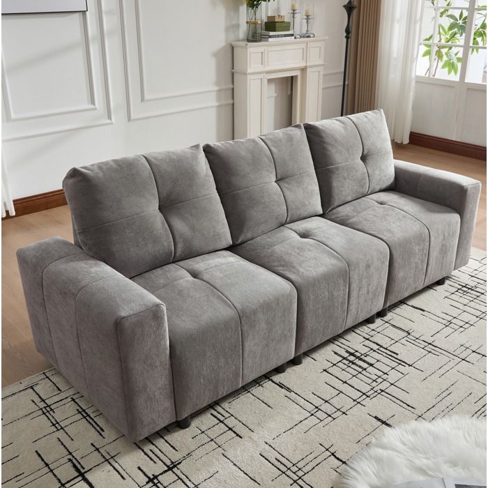 Canapé modulable 3 places gris en tissu chenille convertible en lit d’appoint 213 x 94 x 84 cm