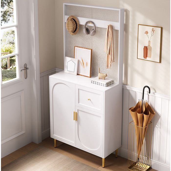 Vestiaire d’entrée compact 80 x 35 x 175 5 cm avec 2 portes 1 tiroir 3 crochets MDF blanc et or