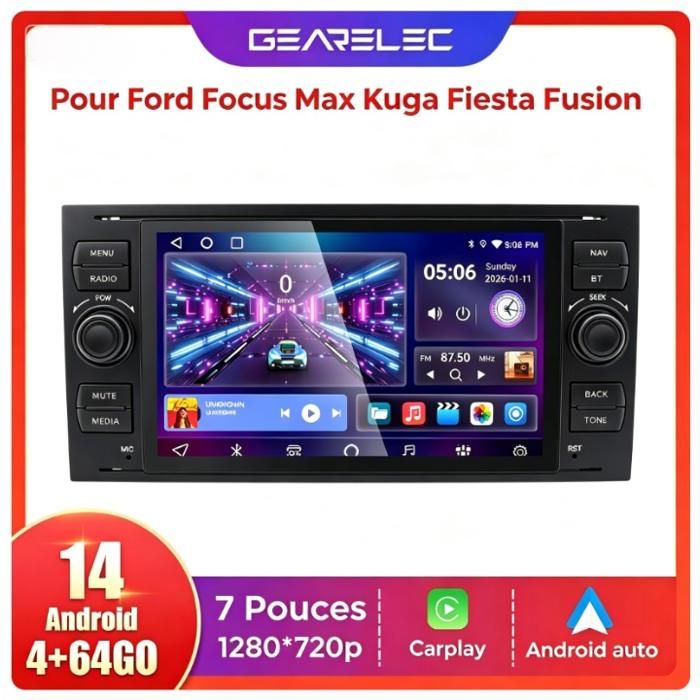 Autoradio 7 Pouces Android 14 pour Ford Focus C-Max Kuga Fiesta Fusion Transit CarPlay Android Auto Bluetooth GPS FM RDS 4Go+64Go