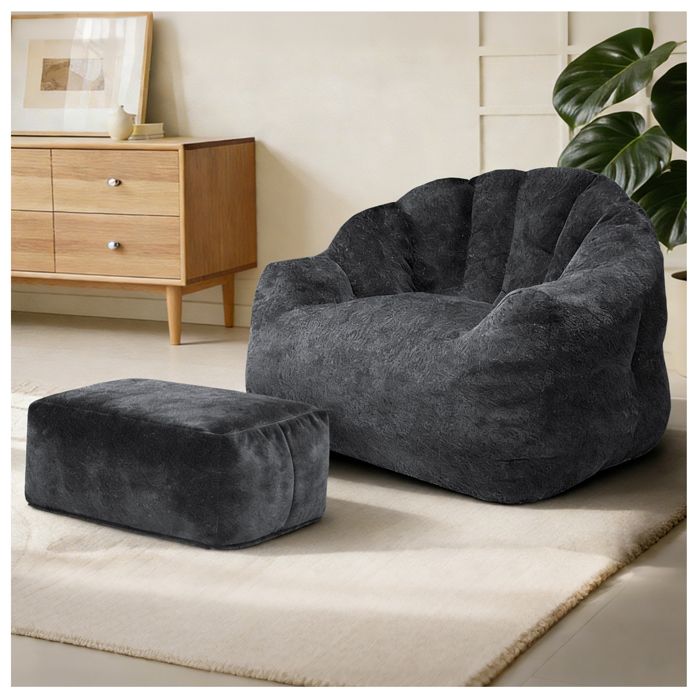 WOVREO Fauteuil relax 1 place avec ottoman noir dossier pétale flanelle