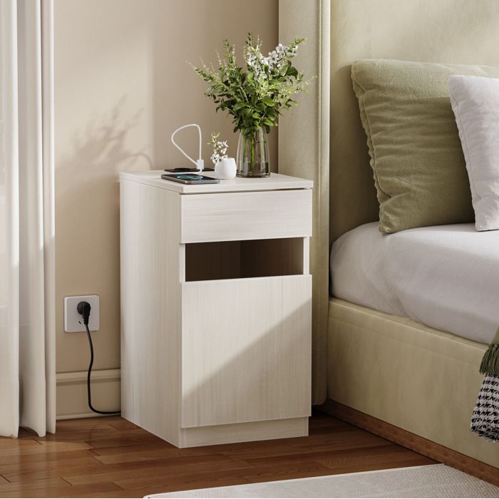 WOVREO Table de chevet 30 x 40 x 61 5 cm avec station de charge USB-A USB-C prise secteur MDF blanc
