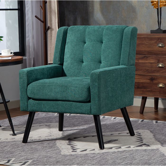 Fauteuil 1 Place Capitonne pour Petits Espaces - MEUNIQ - accoudoirs coussin epais tissu effet lin vert retro