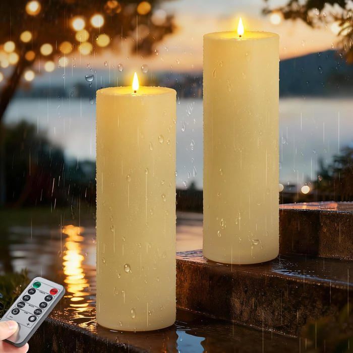 Lot de 2 bougies LED effet flamme ivoire - D10 x H30 cm - avec télécommande et minuterie