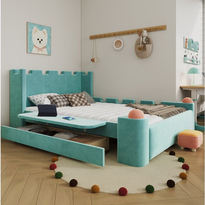 Lit combiné enfant Double 140×200 cm tablette rabattable et tiroir - YEAVIO - sans matelas bois et velours bleu-vert