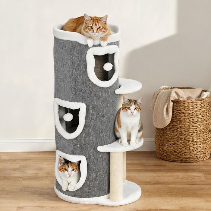 Arbre à chat gris 101 cm avec 3 refuges tonneau perchoir et griffoirs en sisal – Structure en panneau de particules Arbre à chat gris 101 cm avec 3 refuges tonneau perchoir et griffoirs en sisal – Structure en panneau de particules