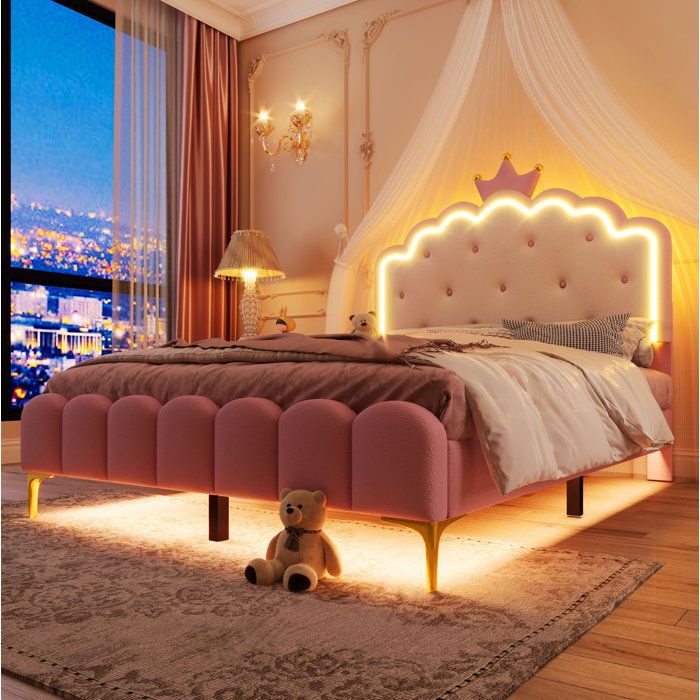 Lit rembourré princesse AESVAR 140 x 200 cm rose avec sommier à lattes LED d’ambiance sans matelas