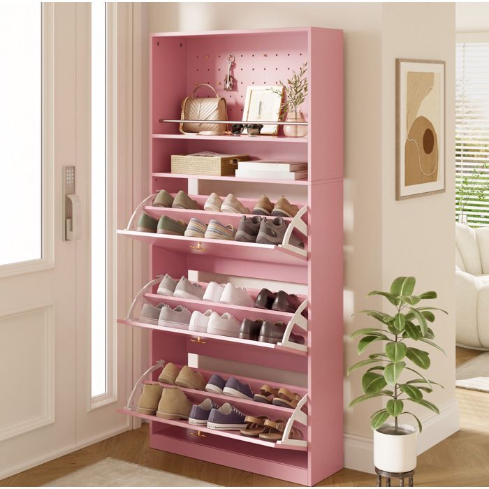 Meuble à chaussures étroit rose 80 x 24 x 178 5 cm avec 3 abattants 2 espaces ouverts et poignées dorées