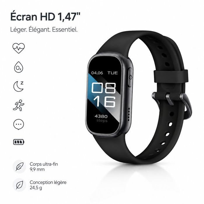 Bracelet connecté – Écran 1.47 Suivi Tension Artérielle SpO2 – Sport Santé Quotidienne – 45x26.5mm Noir