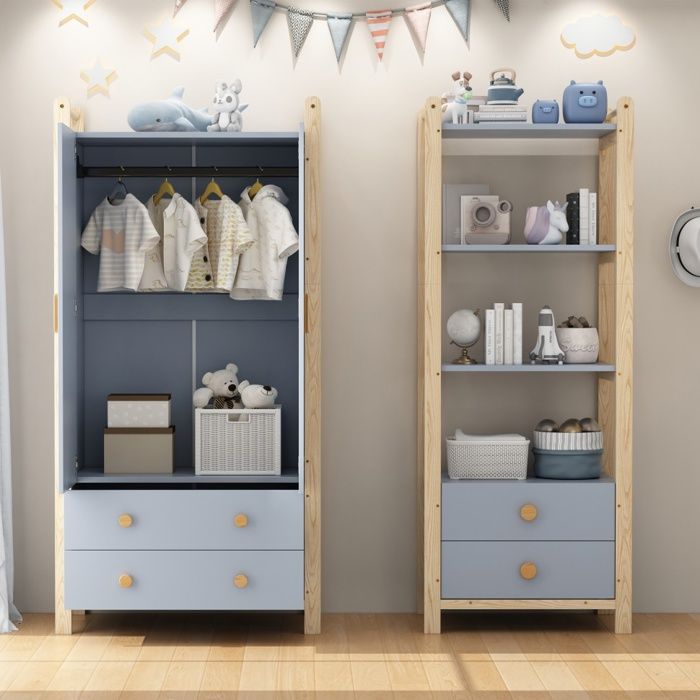 Armoire dressing enfant - 160x44x180 cm - Penderie et étagère modulable avec 4 tiroirs - Bleu et bois naturel