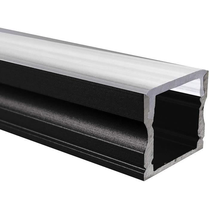 Profilé LED Aluminium Noir 150 Cm - Saillie Avec Couvercle Opale - Pour Bandes LED 12 Mm - Complet Avec Accessoires