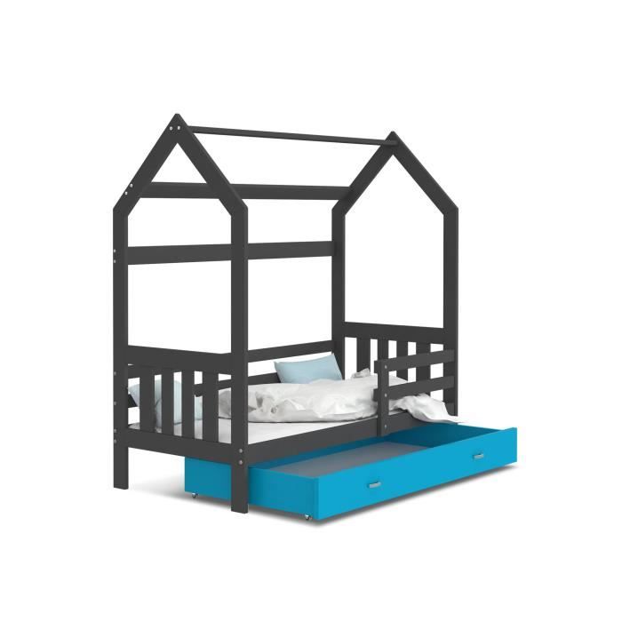 lit cabane 2 gris-bleu 80x160 avec sommier, tiroir et matelas offert. blanc - scandinave - moderne - bois massif