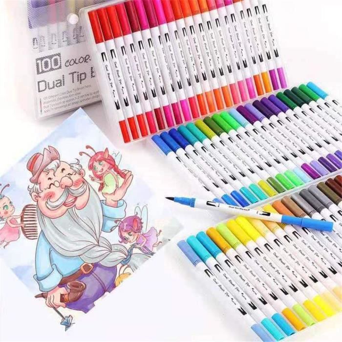 100 stylos à double pinceau feutres pour débutants marqueurs à double pinceau stylos à colorier pour adultes à colorier bureau d'école Art lettrage écriture dessin