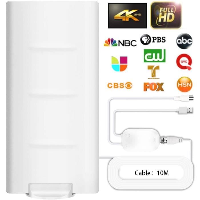 Antenne TNT Intérieure 600km - Amplificateur Signal | 10m Câble Coaxial | HDTV 4K/1080p | Chaînes Gratuites