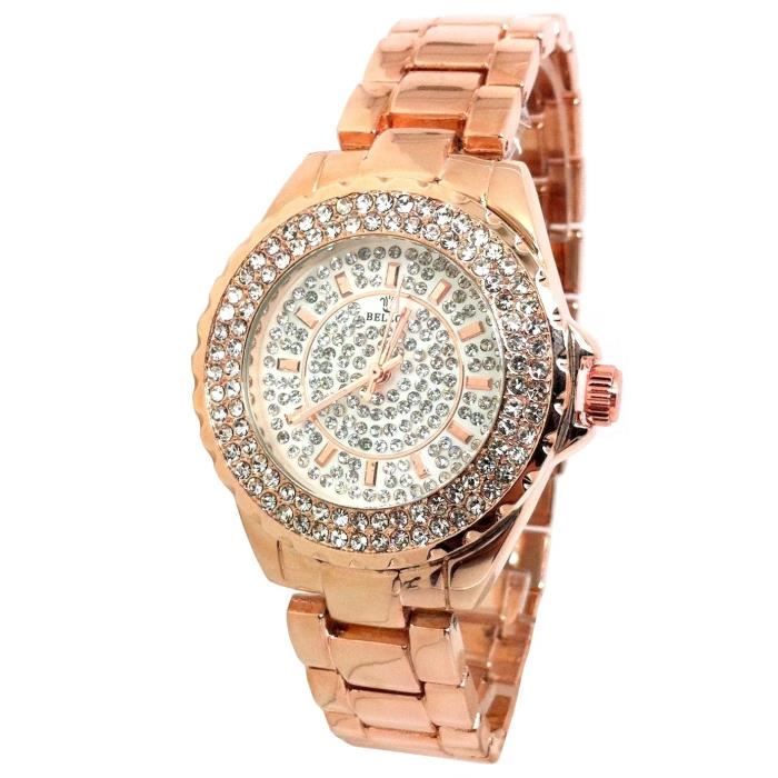 MONTRE FEMME BRONZE CUIVRE ICE ACIER STRASS FINE ROND OR ROSE